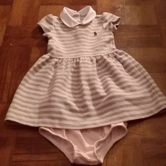Ralph Lauren 9 Months Baby Girl Ribbed Striped Pink & Gray Dress with Bloomers - Picture 1 of 12